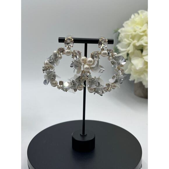 J. Crew White Pearl, Crystal, Sequin Hoop Statement DoorKnocker Earrings Bridal - Picture 4 of 12
